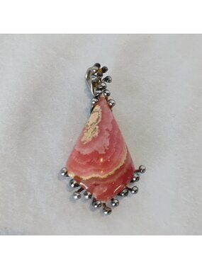 Artisan Handmade Pink Rhodochrosite Sterling Silver Pendant Modernist Brutalist
